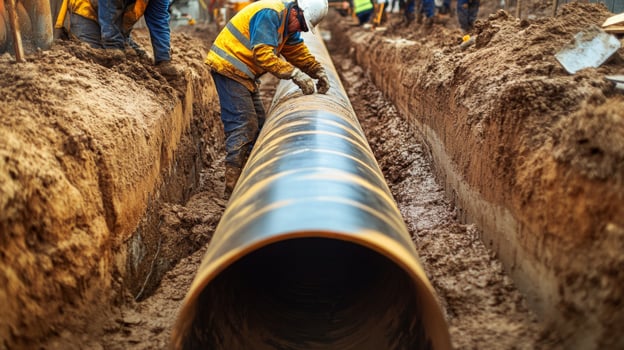 Construction Worker Installing Large Pipe in Trench photo