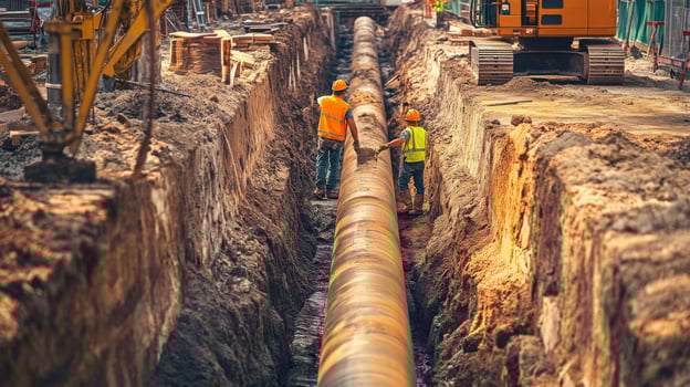 Two Construction Workers Examining a Large Pipe in a Trench photo