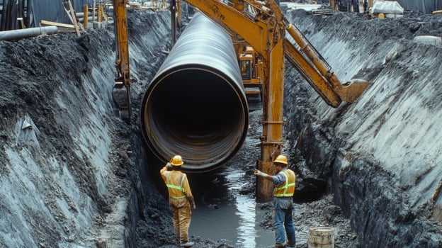 Workers Inspecting Large Pipe in Trench photo