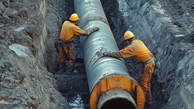 Two Construction Workers Working on a Large Pipe in a Trench photo