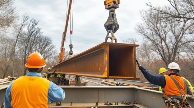 Construction Workers Guiding a Crane Lifting a Steel Beam photo