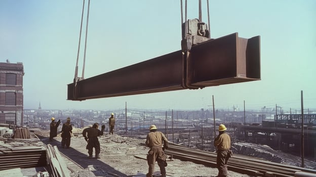 Construction Workers Lifting Steel Beam During Construction photo