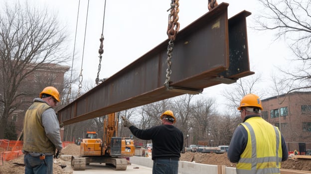 Construction Workers Lifting Steel Beam at a Construction Site photo