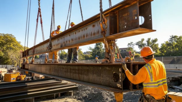 Construction Workers Lifting Steel Beam with Chains photo