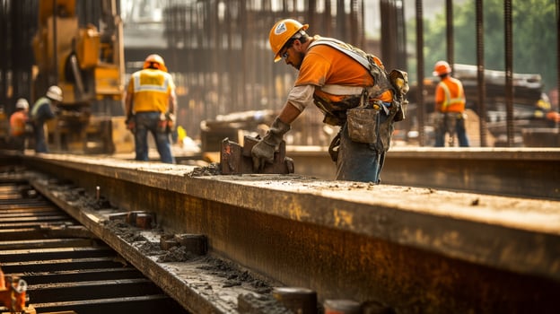 Construction Worker Installing Railroad Tracks photo