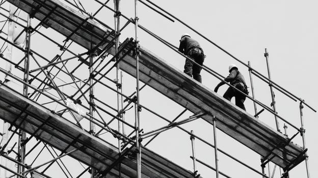 Two Construction Workers on Scaffolding in Black and White photo