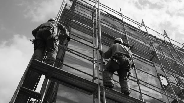 Two Construction Workers on Scaffolding During Building Renovation photo