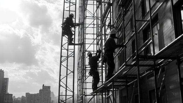Construction Workers on Scaffolding Working on a Building photo