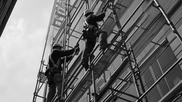 Two Construction Workers on Scaffolding Working on a Building photo