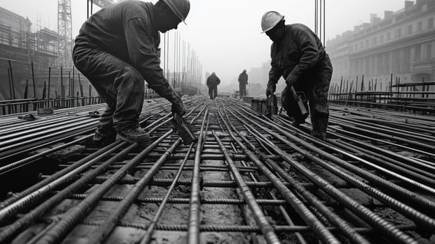 Construction Workers Laying Rebar for a Concrete Structure photo
