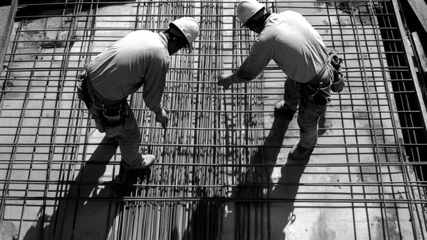 Construction Workers Examining Reinforcing Steel Bars photo