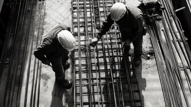 Two Construction Workers Inspecting a Rebar Grid photo