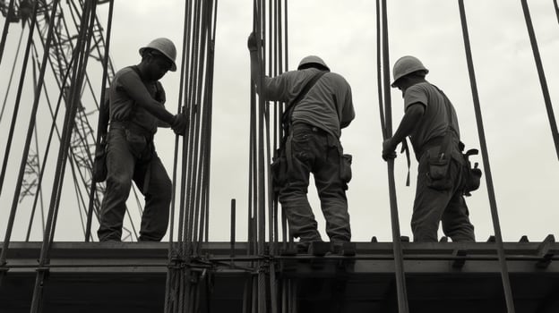 Three Construction Workers Holding onto Steel Cables photo