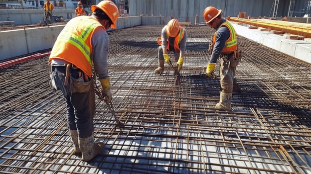 Construction Workers Securing Rebar Grid for Concrete Pour photo