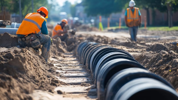 Construction Workers Installing Large Pipes in a Trench photo