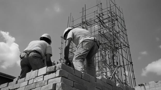 Two Construction Workers Building a Brick Wall photo