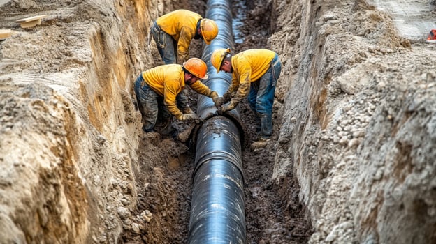 Three Construction Workers Installing a Large Pipe in a Trench photo