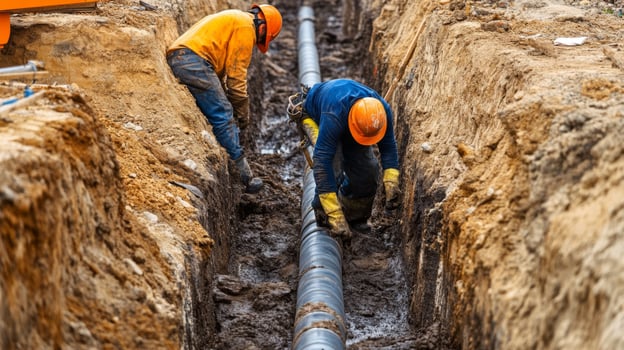 Two Construction Workers Installing a Large Pipe in a Trench photo