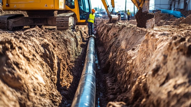 Excavator Digging a Trench for a Large Pipe photo
