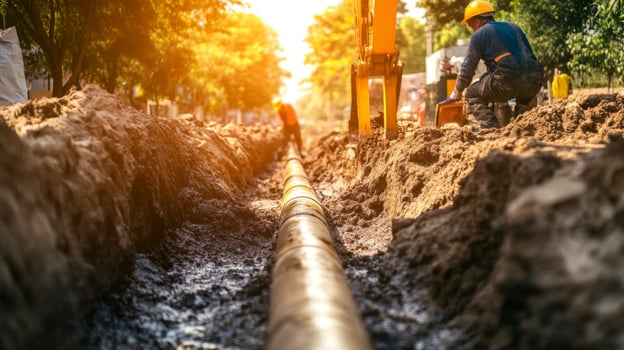 Construction Workers Laying Pipe in Trench photo