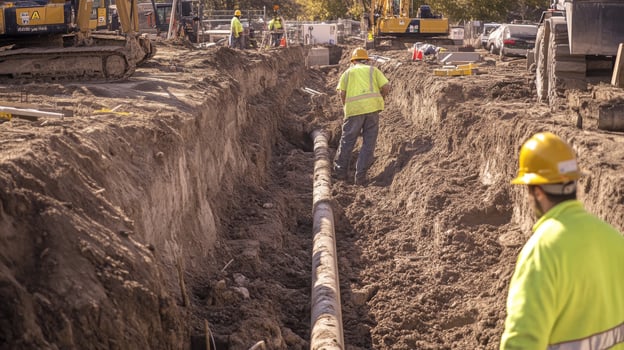 Construction Workers Laying Pipe in Trench photo