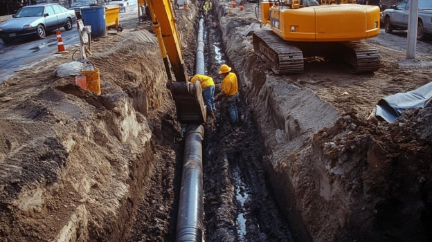 Construction Workers Repairing a Large Pipe in a Trench photo