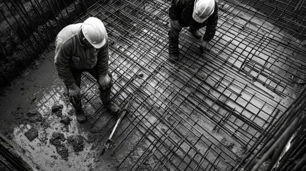 Two Construction Workers Positioning Steel Reinforcement Bars in Wet Concrete photo