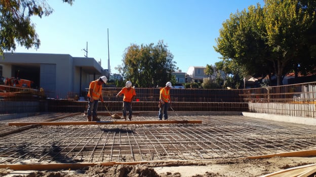 Construction Workers Laying Rebar on a Concrete Foundation photo