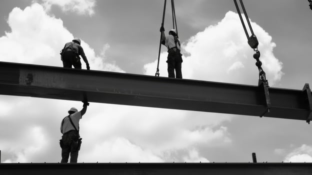 Construction Workers Lifting a Steel Beam with a Crane photo