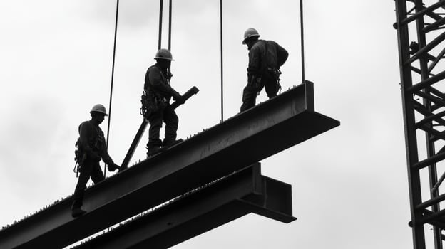 Construction Workers Installing Steel Beams on a Building photo