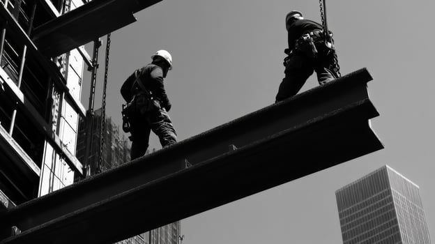 Construction Workers on Steel Beam Against City Skyline photo