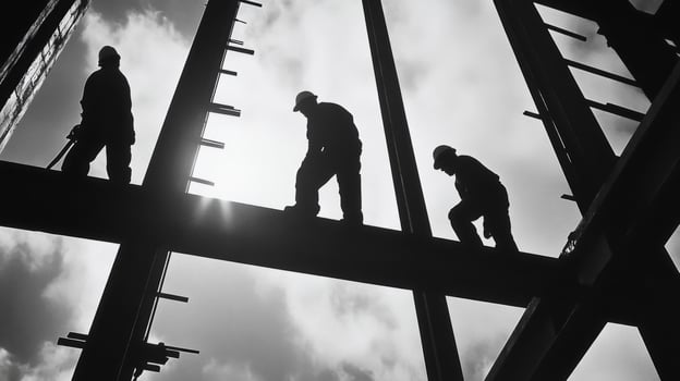 Silhouettes of Construction Workers on a Steel Beam photo