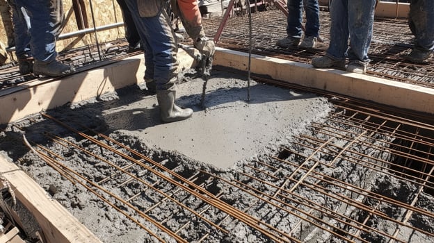 Construction Worker Pouring Concrete Onto Rebar photo