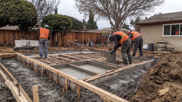 Construction Workers Pouring Concrete for a New Foundation photo