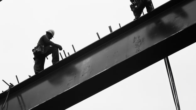 Construction Worker Walking on Steel Beam Against a White Sky photo