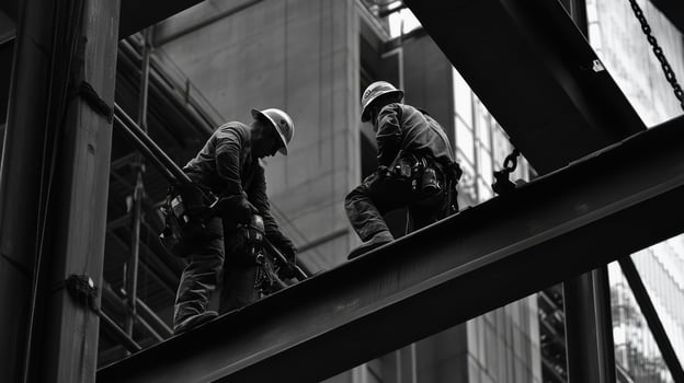 Two Construction Workers Walking on Steel Beams photo