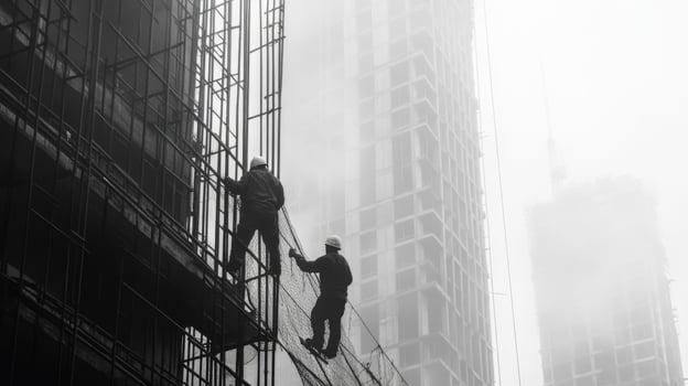 Construction Workers on Scaffolding in Foggy Cityscape photo