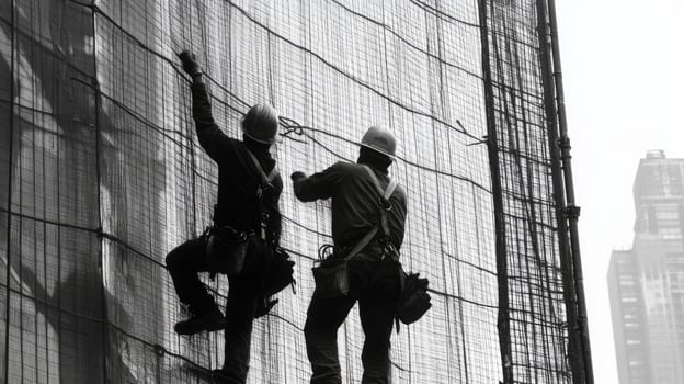 Two Construction Workers on Scaffolding in Black and White photo