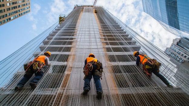 Construction Workers Ascending a Tall Building with Safety Netting photo