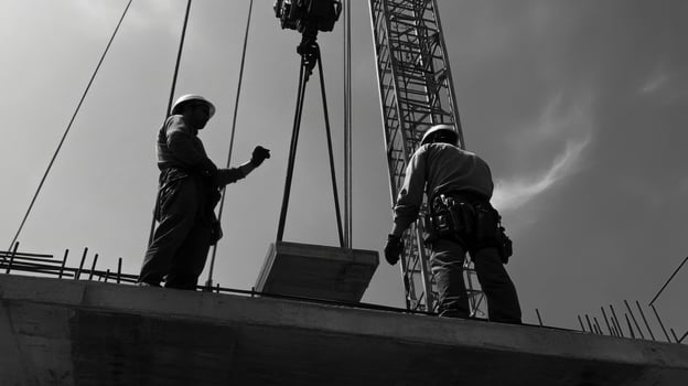 Two Construction Workers on a Partially Built Concrete Structure with a Crane photo
