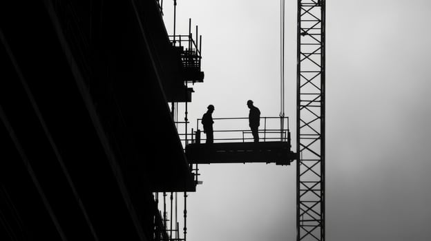 Construction Workers on a Scaffolding Platform in Silhouette photo