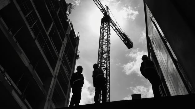 Construction Workers Silhouetted Against a Tower Crane and Cloudy Sky photo