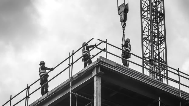 Construction Workers on Scaffolding with Crane in the Background photo