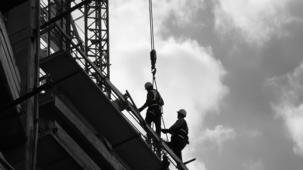 Construction Workers Silhouetted Against Cloudy Sky on Scaffolding photo