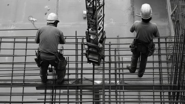 Two Construction Workers Standing on Rebar Grid photo