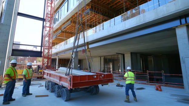 Construction Workers and Flatbed Truck at a Building Site photo