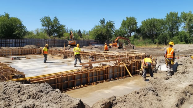 Construction Workers Pouring Concrete at a Construction Site photo