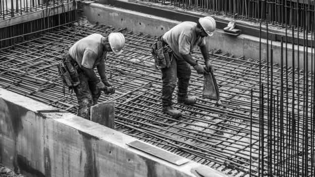Two Construction Workers Adjusting Rebar for a Concrete Pour photo