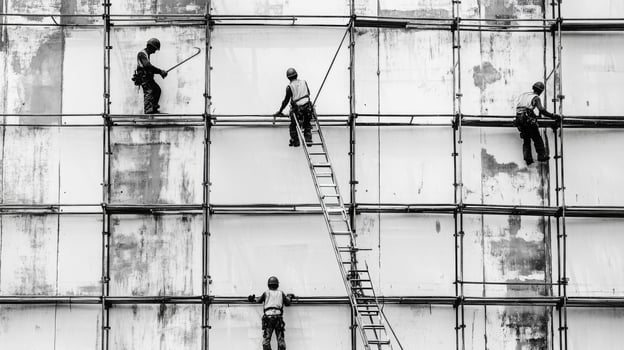Four Construction Workers On Scaffolding And Ladders In Front Of A White Wall photo