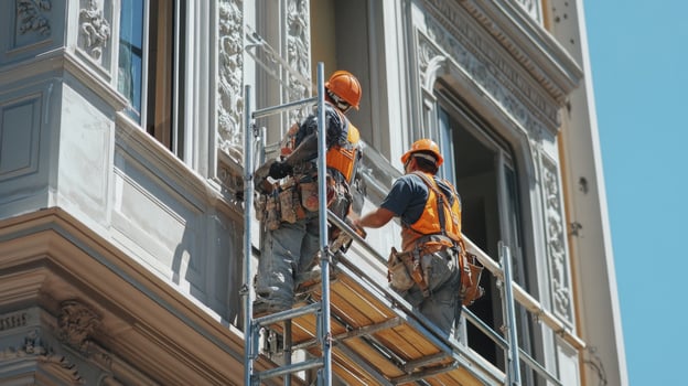 Construction Workers on Scaffolding Repairing Ornate Building Facade photo